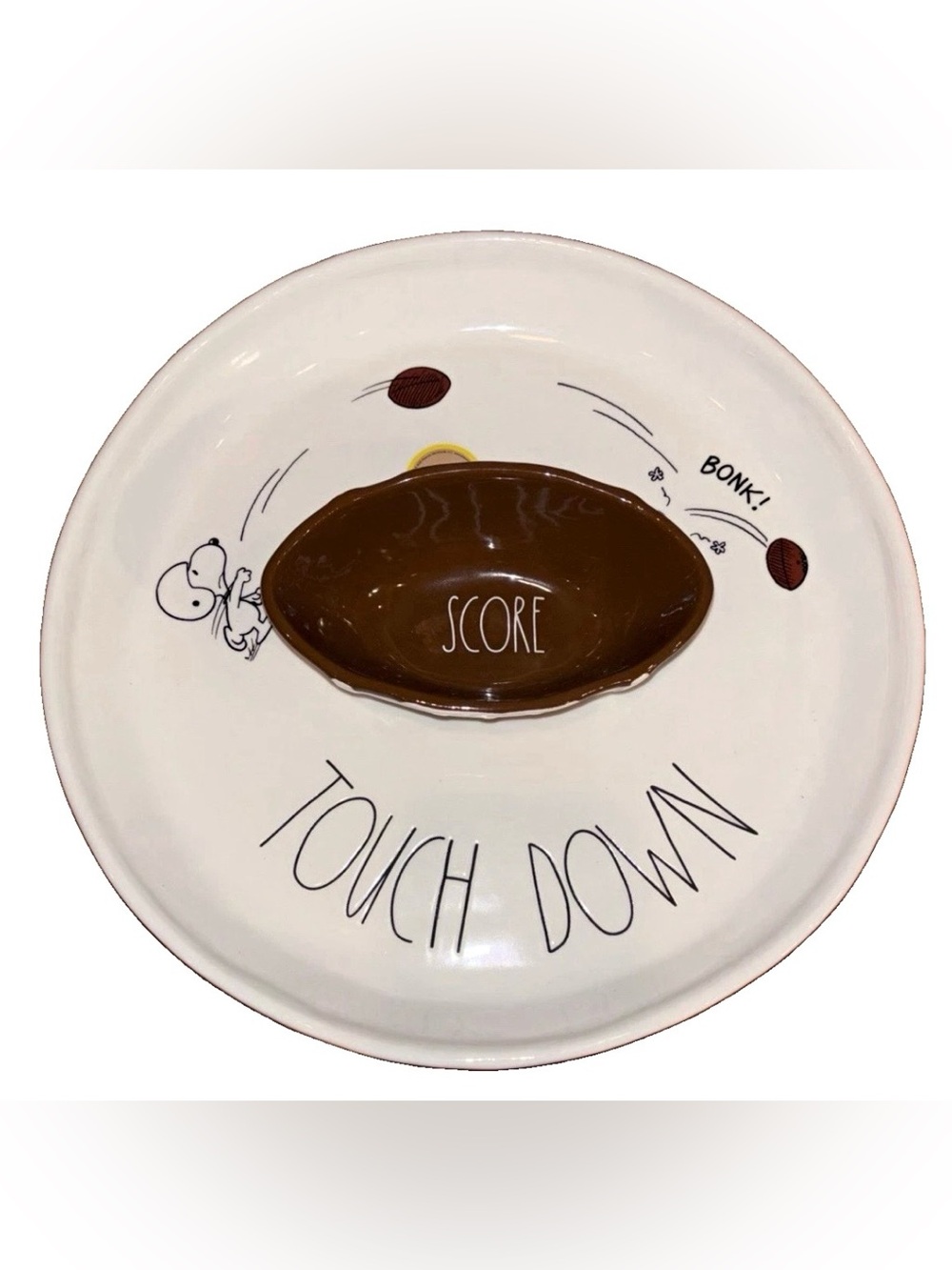 Rae Dunn Peanuts Football Platter w/Football Dip Bowl “Touchdown” Snoopy NWT